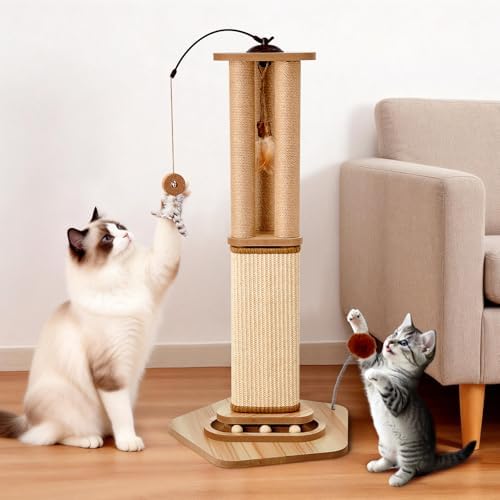 34 Inch Cat Scratching Post for Large Cats with 4 Interacti…